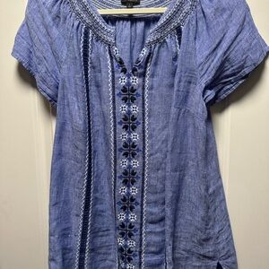Talbots L Blue Linen Embroidered Blouse